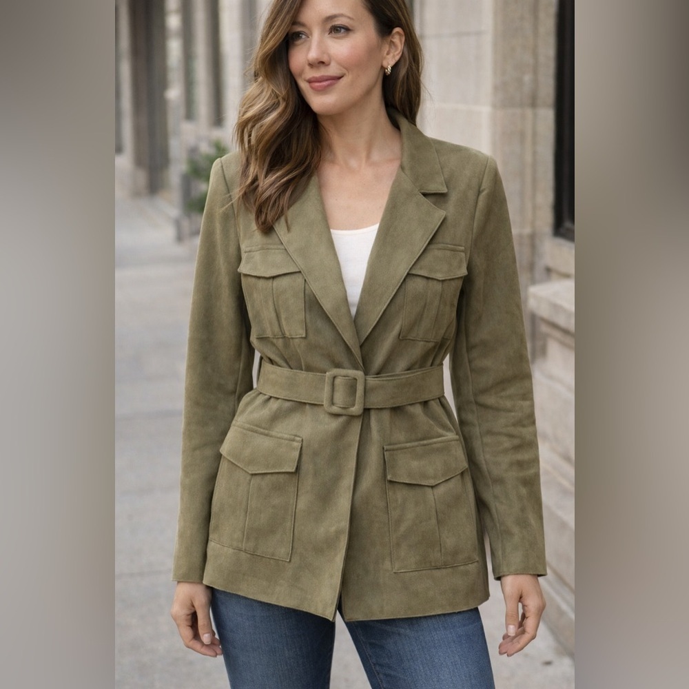 Evereve Solitaire Jacket Womens Medium Green Faux Suede Belted Utility Chore